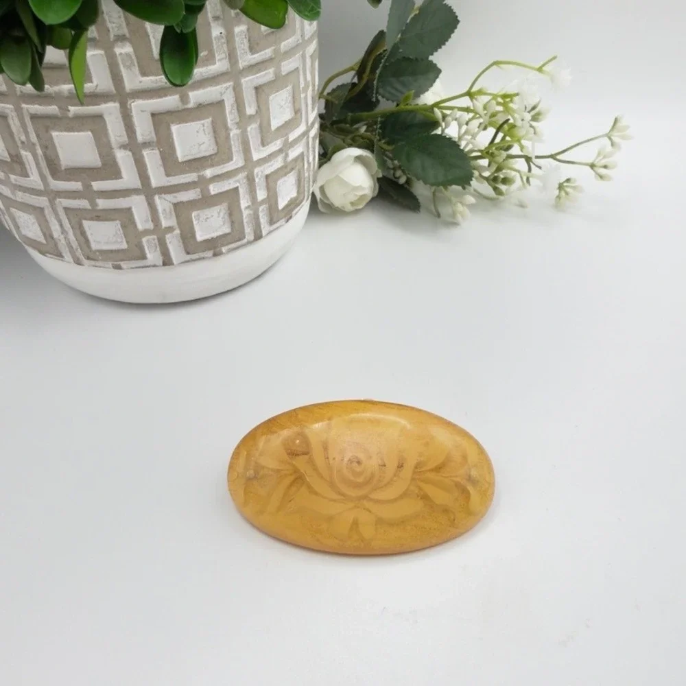 Vintage Barrette MCM Butterscotch Amber Reverse Carved Rose Floral Hair Clip